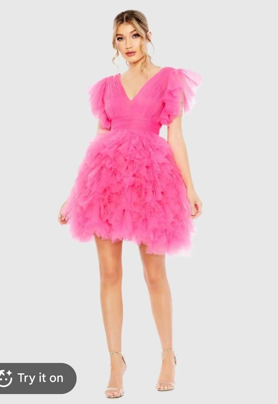 Mac Duggal Flutter Ruffle Sleeve Tiered Tulle Mini Dress Hot Pink